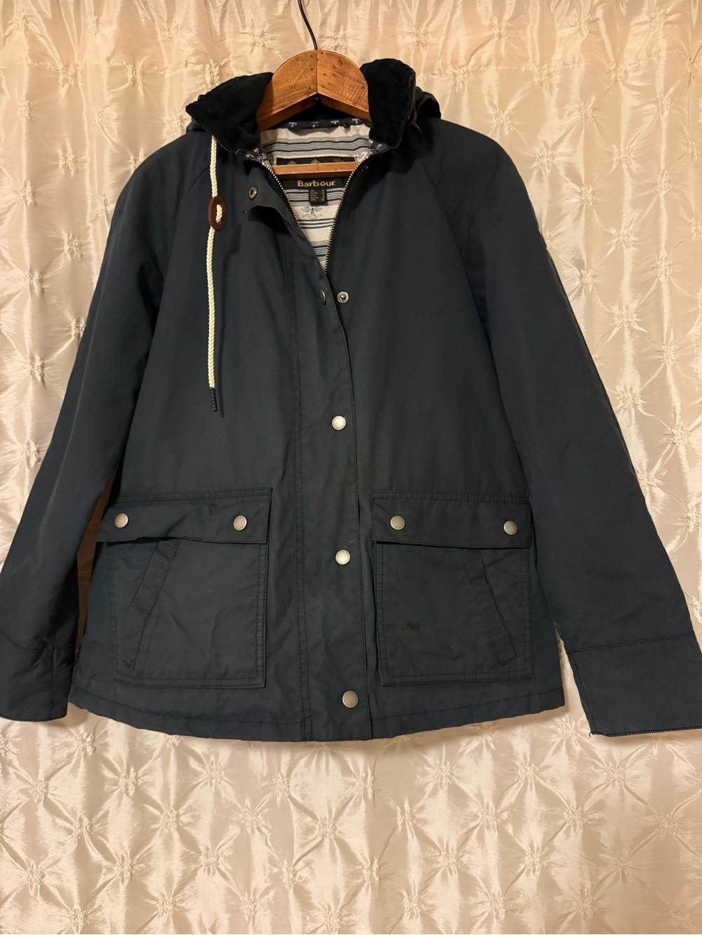 Barbour Navy Blue Hawkins Hooded Utility Wax Rain Chore Jacket